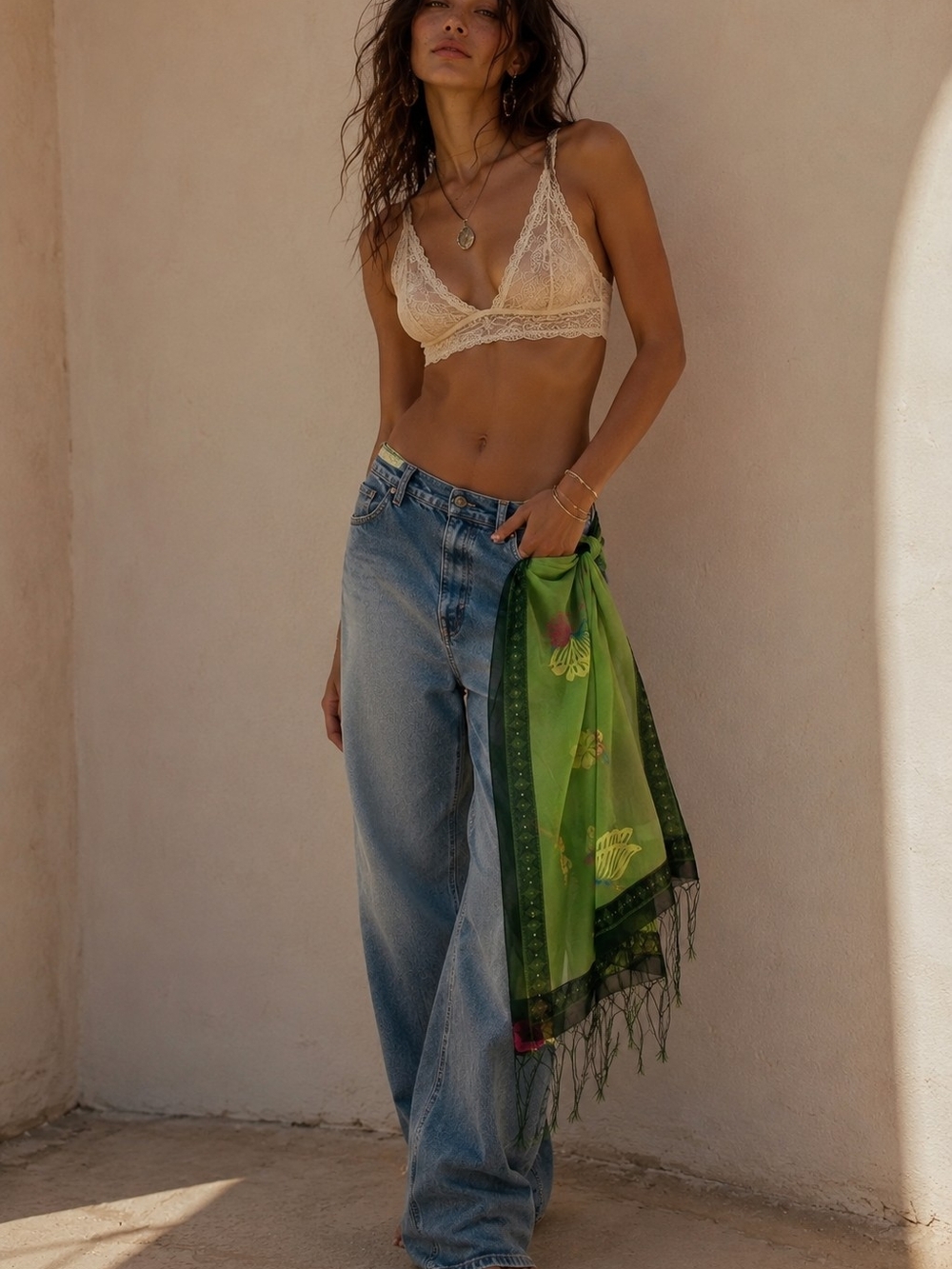Vintage Hand-Painted Sheer Green Scarf  🌿✨